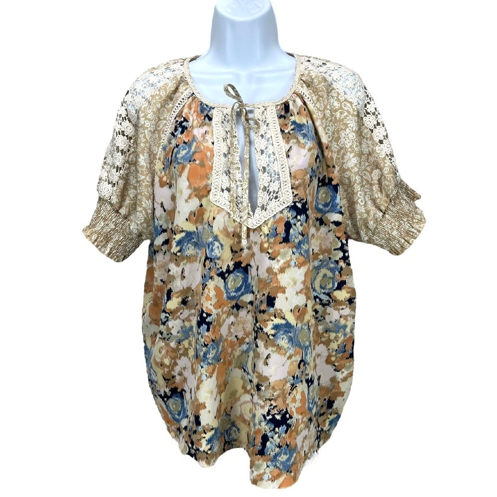 Gimmicks by BKE Women's XL Boho Lace Puff Sleeve Blouse Floral‎ Print Tie-Front